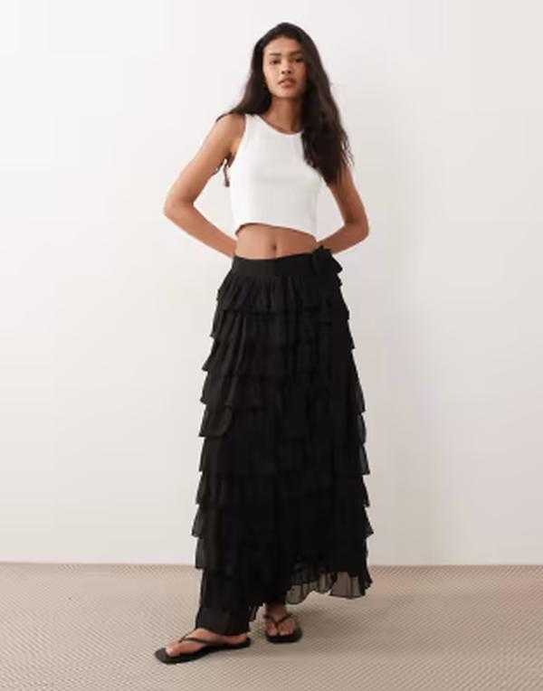 ミスセルフフリッジ レディース 下つ方スコート シフォン フラウンス マキシ Misselfridge beachiffon ruffle tie side maxi skirt Black 黒いこと