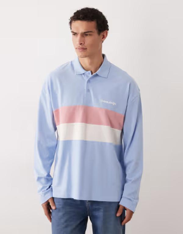 エイソス メンズ トップス ポロシャツ ASOS DESIGN heavyweight oversized stripe long sleeve polo in light blue texture Serenity ブルー
