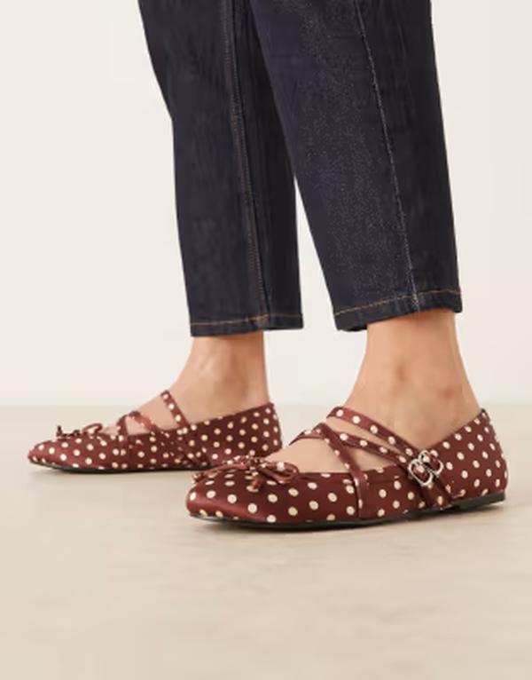 レイド レディース シューズ パンプス ドット柄 ドット RAID Varley ballet flats polka dot Brown satin ブラウン