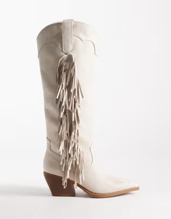 グラマラス レディース シューズ ブーツ・レインブーツ スエード フリンジ Glamorous western fringe knee boots in cream suedette CREAMF クリーム