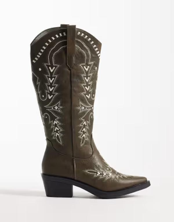 グラマラス レディース シューズ ブーツ・レインブーツ 刺繍 Glamorous embroidered western knee boots Khaki カーキ