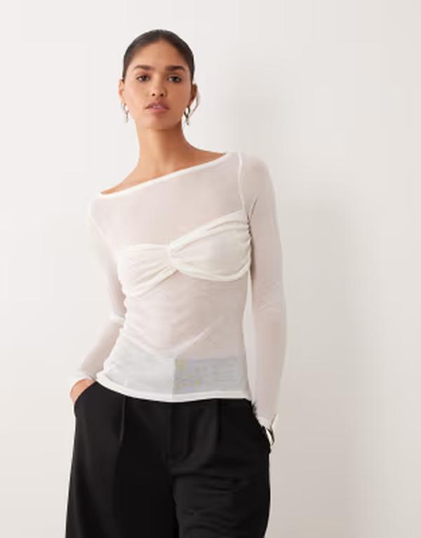 エイソス レディース トップス プルオーバー セミシアー ギャザー オーバーレイ シアー 編み物 ASOS DESIGN knit-look semi sheer long sleeve top with ruched bust overlay Ivory 象牙色