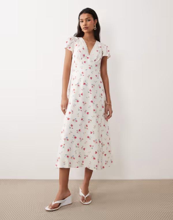 ノーバディーズ チャイルド レディース トップス ワンピース フラワー柄 プリント ミディ レース フラワー Nobody's Child Kacey lace detailing floral print midi dress White Multi ホワイト