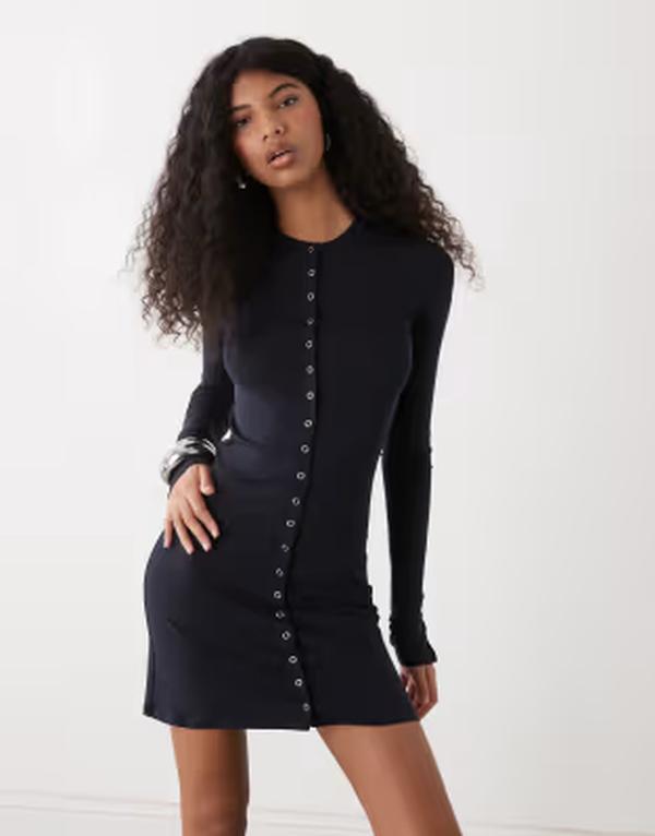 ウィークデイ レディース トップス ワンピース ミニ Weekday long sleeve mini dress with snap detail in dark navy ネイビー|ReVida 店