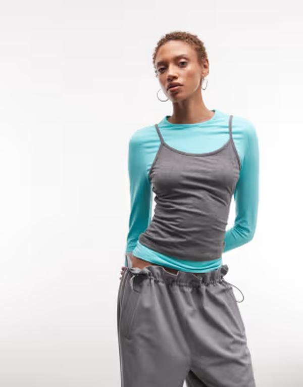 コルージョン レディース トップス Tシャツ COLLUSION double layer cami and long sleeve top Turquoise ターコイズ