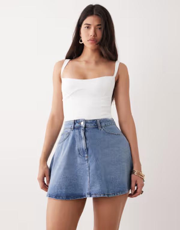 エイソス レディース ボトムスカート ミニ デニム ASOS DESIGN denim circle mini skirt in mid BLUE ブルー