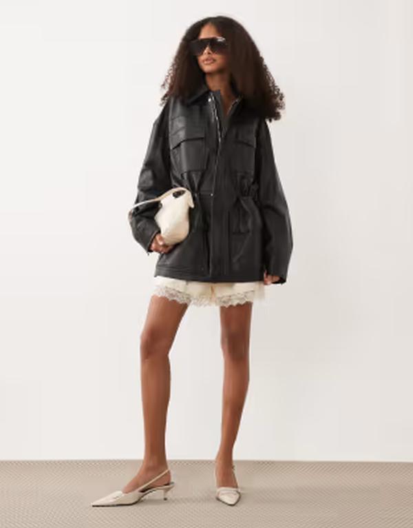 マンゴ レディース アウター 上衣・上衣 酉の方角目じるし 旗がしら なめし革 Mango Capsule 100% leather cinched waist jacket Black 黒いこと