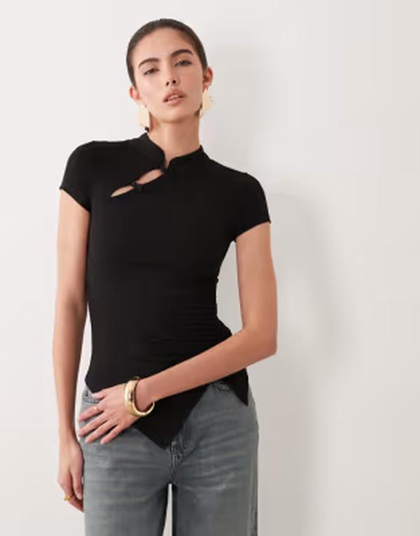 エイソス レディース トップス プルオーバー 旗がしら ASOS DESIGN stand collar cap sleeve top Black 黒いこと