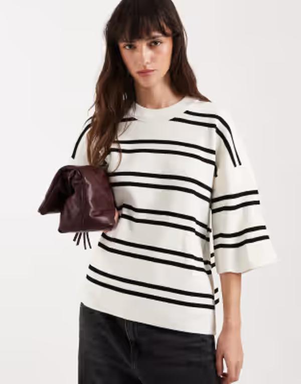 エイソス レディース トップス ティーシャツ 編み物 ASOS DESIGN knit stripe compact structured oversized T-shirt White Stripe 白いこと レディースファッション-Tシャツ・カットソー
