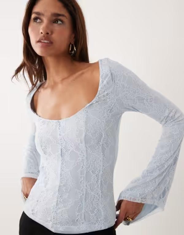 エイソス レディース トップス プルオーバー スピード競技 ASOS DESIGN lace angel sleeve top インチ pale Light Blue 青み