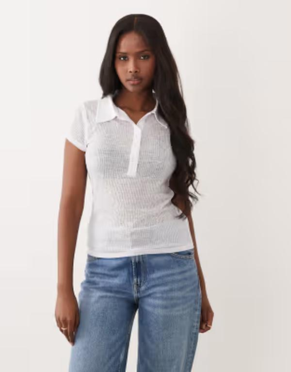 エイソス レディース トップス プルオーバー シアー ASOS DESIGN sheer collared short sleeve top WHITE 白いこと