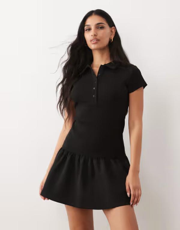 エイソス レディース トップス ワンピース ポロシャツ ミニ ASOS DESIGN hybrid rib interlock peplum hemini polo dress Black ブラック｜ReVida 店