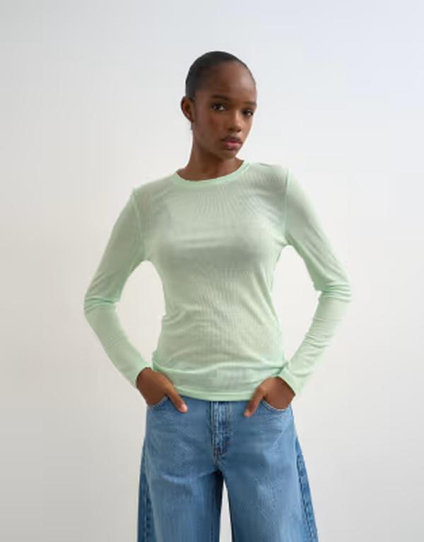 トップショップ レディース トップス Tシャツ リブニット シアー ニット Topshopremium sheerib knit scoop neck long sleeve top in mint green グリーン