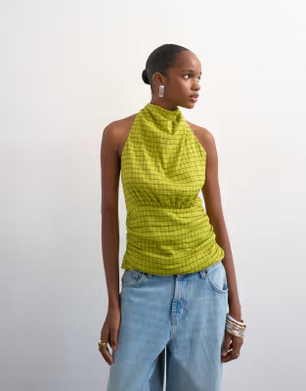 トップショップ レディース トップス タンクトップ ホルター Topshop soft funnel halter neck toplaid Green check グリーン