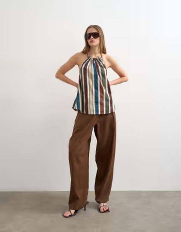 トップショップ レディース ボトムス カジュアルパンツ リネン Topshop linen blend barreleg pants chocolate チョコレート