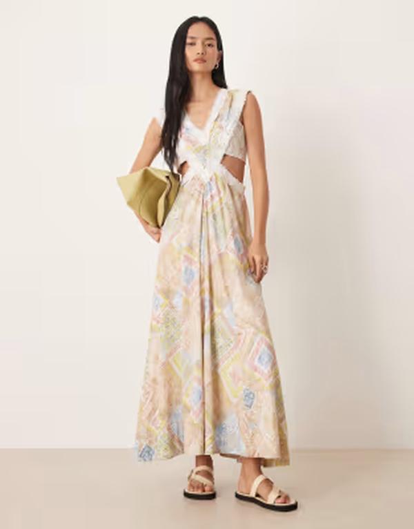 エイソス レディース トップス 衣装 カットアウト ノースリーブ スピード競技 マキシ ASOS DESIGN lace applique sleeveless cut-out maxi dress インチ pastel abstract Pastel abstract