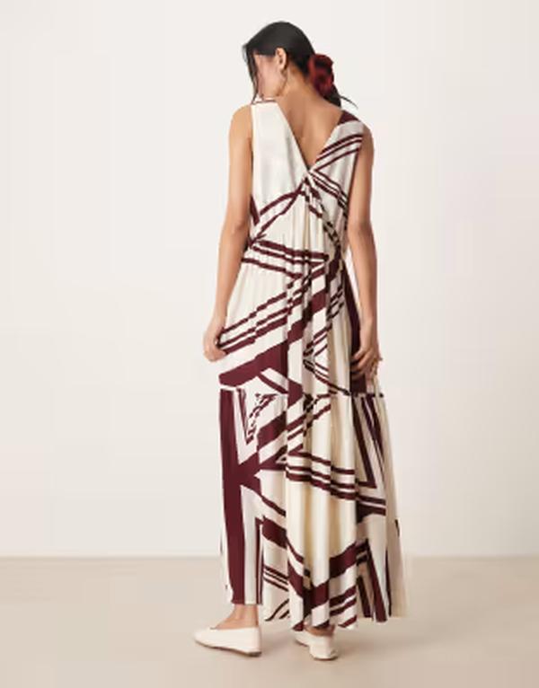 エイソス レディース トップス ワンピース Vネック ティアード マキシ ASOS DESIGN v neck trapeze tiered maxi dress in chocolate and cream stripe Chocolate & Cream Stripe クリーム
