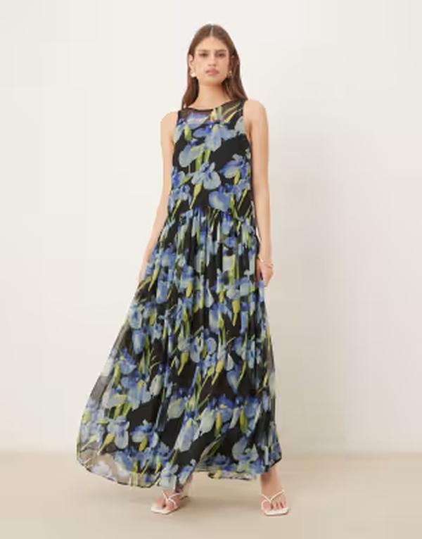 エイソス レディース トップス ワンピース フラワー柄 マキシ フラワー ASOS DESIGN racer neck smock maxi dress in dark based floral Dark based floral｜ReVida 店 17,985円