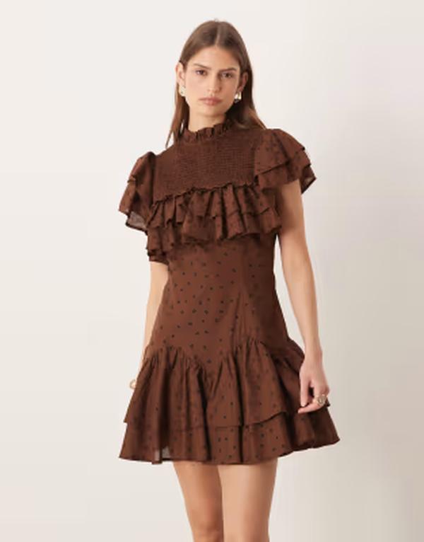 エイソス レディース トップス 衣装 ハイネック フラウンス ミニ ASOS DESIGN high neck ruffle mini dress with shirring インチ chocolate spot Chocolate spot 黒茶