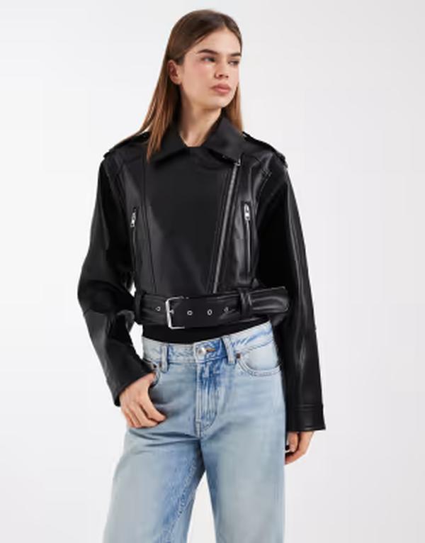 エイソス レディース アウター 上衣・上衣 なめし革 ASOS DESIGN leather look shrunken biker jacket Black 黒いこと