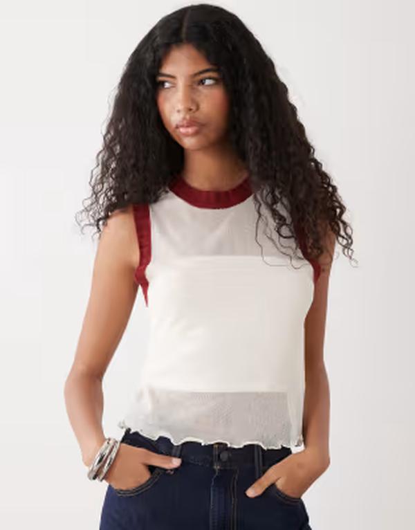 コルージョン レディース トップス シャツ シアー コントラスト ニット COLLUSION sheer knit contrastank top in cream and CREAM RED CONTRAST クリーム 11,385円