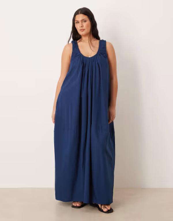 エイソス レディース トップス ワンピース ギャザー マキシ ASOS Curve ASOS DESIGN Curve poplin scoop ruched neck maxi sundress NAVY ネイビー