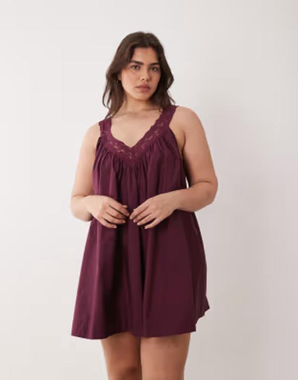 エイソス レディース トップス 衣装 V素っ首 ミニ オーバーレイ スピード競技 ASOS Curve ASOS DESIGN Curve v-neck poplin mini smock sundress with lace overlay インチ plum wine Plum wine ぶどう酒