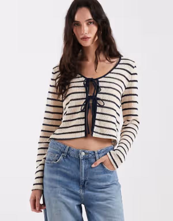 オンリー レディース アウター カーディガン ニット ONLY knitie front cardigan in cream and blue stripes NAVY ネイビー｜ReVida 店