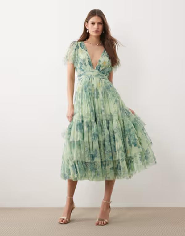 レース アンド ビーズ レディース トップス ワンピース プリント ミディ Lace & Beads Madison midi dress in sage green print Sage Print Green グリーン