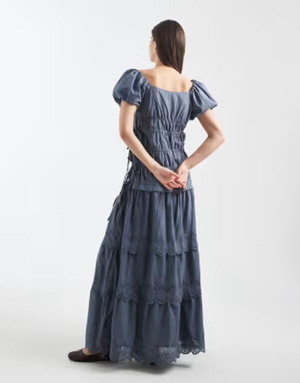 デイジーストリート レディース トップス 衣装 マキシ Daisy Street eyelet shirred maxi dress with puff sleeves Gray 薄墨色