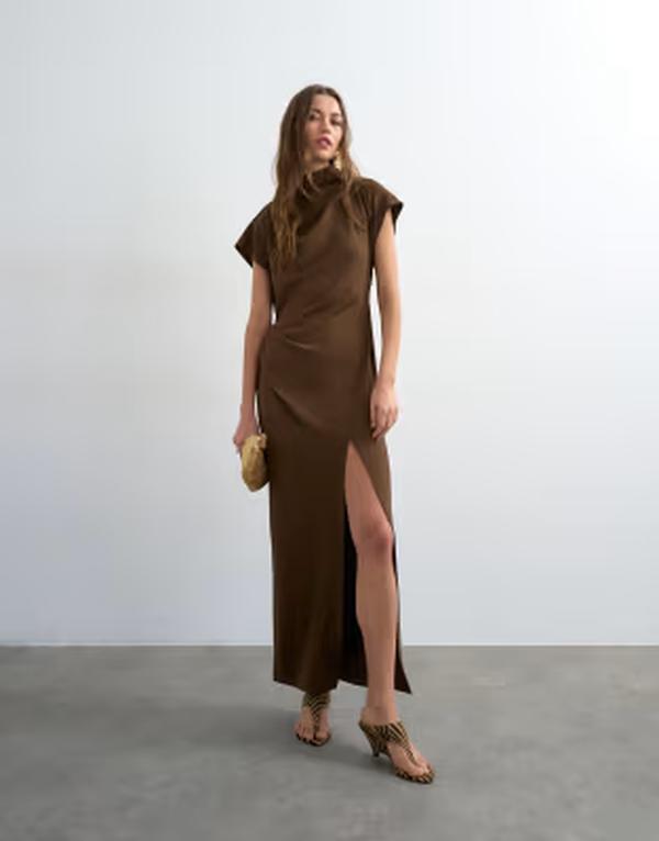 とっ始め販売店 レディース トップス 衣装 縮緬 マキシ Topshop heavy crepe maxi dress with scarf detail インチ chocolate 黒茶