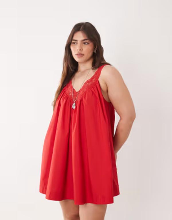 エイソス レディース トップス 衣装 V素っ首 ミニ オーバーレイ スピード競技 ASOS Curve ASOS DESIGN Curve poplin v-neck mini smock sundress with lace overlay インチ tomato Red 赤いこと