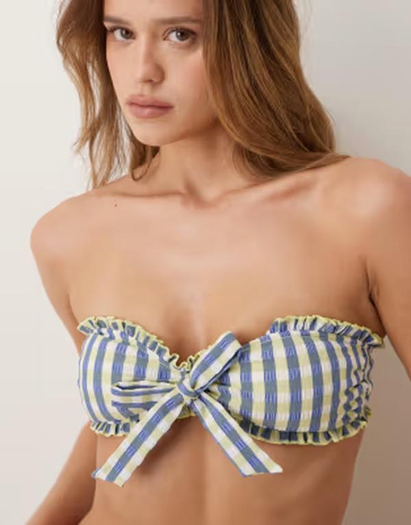 エイソス レディース 水着 トップのみ ギャザー ASOS DESIGN Cheri padded bandeau ruched tie front bikini top in lime plaid Lime check ライム｜ReVida 店