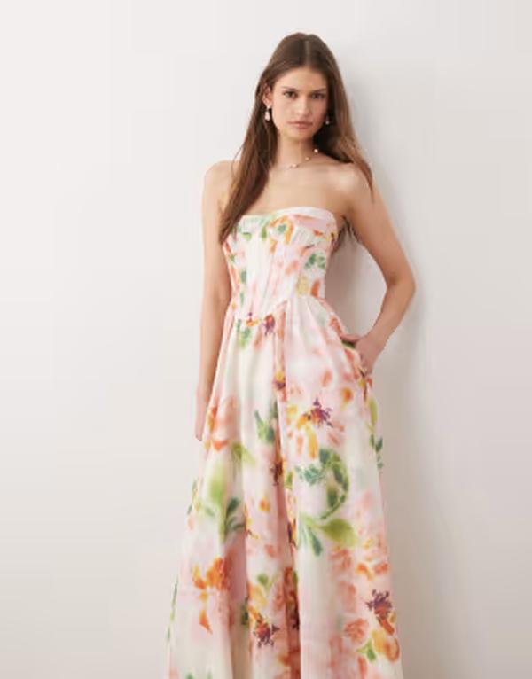 バードット レディース トップス ワンピース フラワー柄 ミディ ストラップレス フラワー Bardot Lola corset strapless midi dress floral Pink Floral ピンク|ReVida 店