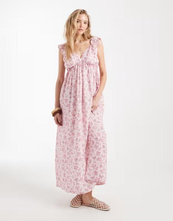 ヴェロモーダ レディース トップス 衣装 V素っ首 御花柄 刷り上げる フラウンス マキシ 御花 Vero Moda ruffle shoulder V-neck maxi dress floral print Pink-A-Boo サクラ色