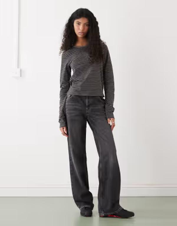 ウィークデイ レディース トップス Tシャツ Weekday fitted long sleeve t-shirt and black stripes Gray/black stripe ブラック