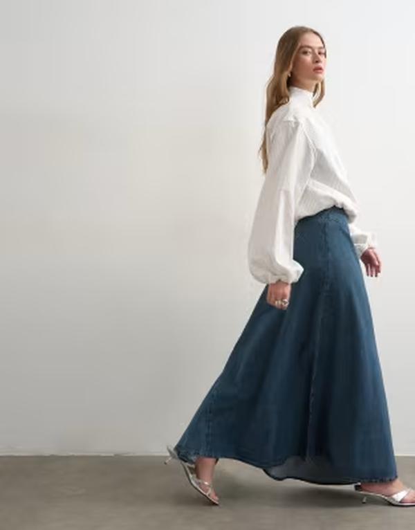 とっ始め販売店 レディース 下つ方スコート 非対称 ジーンズ マキシ Topshop denim asymmetric dropped waist maxi skirt Blue Gray 薄墨色