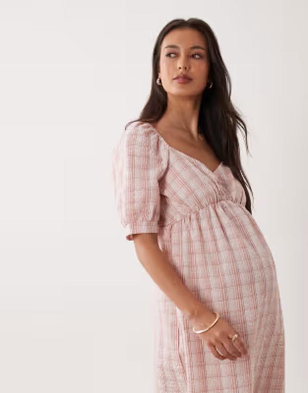 ママライシアス レディース トップス 衣装 刷り上げる ギャザー マタニティ Mama.licious Mamalicious Maternity seersucker puff sleeve ruched front dress plaid print コマーシャル Rose PLAID 照合のしるし