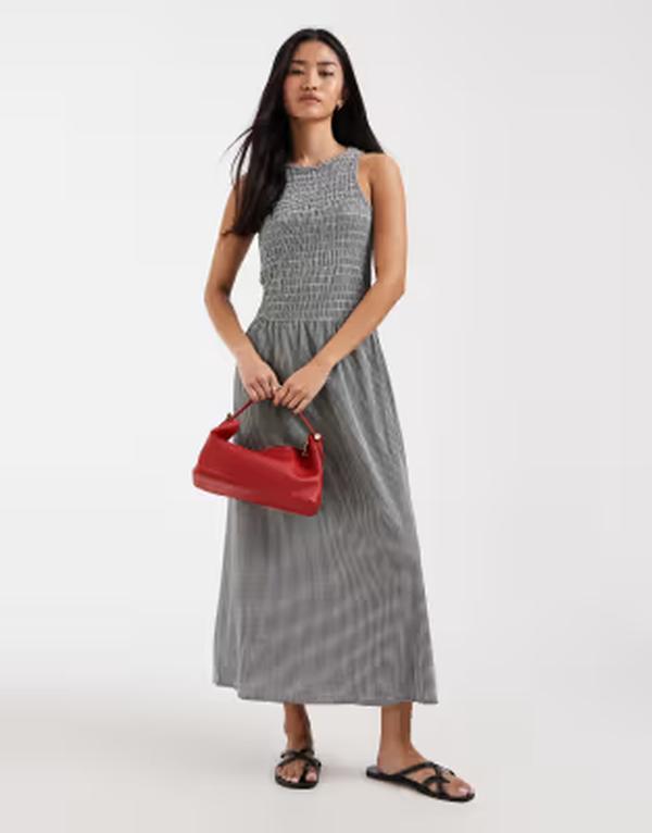 オンリー レディース トップス ワンピース ギンガムチェック ノースリーブ ギンガム ONLY sleeveless midaxi smock dress gingham Black checks ブラック