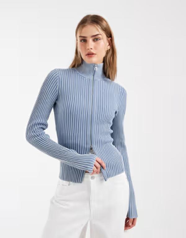 アンドアザーストーリーズ レディース アウター ジレー 照明ランプ素っ首 肋筋 \u0026 Other Stories ribbed full zip funnel neck cardigan インチ acid wash BLUE 青み