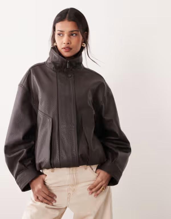 マンゴ レディース アウター 上衣・上衣 照明ランプのど首 旗がしら なめし革 Mango Capsule 100% leather funnel neck jacket インチ chocolate 黒茶