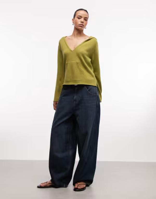 コルージョン レディース アウター パーカー・スウェット 編み物 COLLUSION deeplunge long sleeve knit hoodie インチ apple GREEN 緑であること