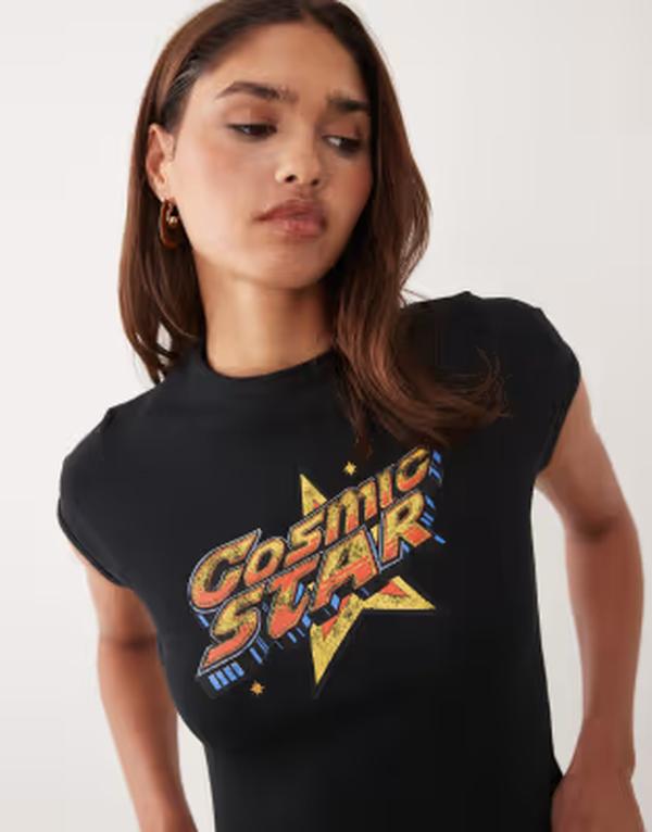 エイソス レディース トップス Tシャツ グラフィック ASOS DESIGN baby t-shirt with cosmic star graphic Black ブラック｜ReVida 店