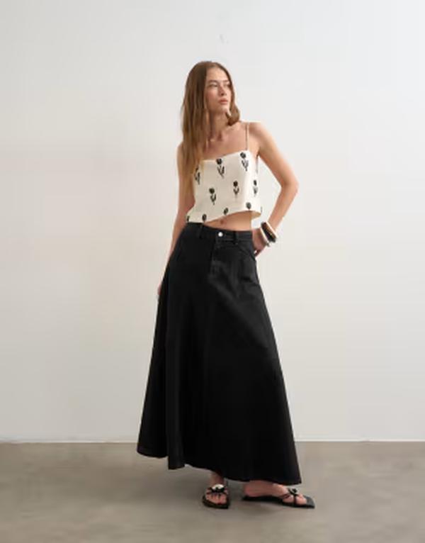 とっ始め販売店 レディース 下つ方スコート ジーンズ Topshop denim seamed circle skirt インチ washed Black 黒いこと
