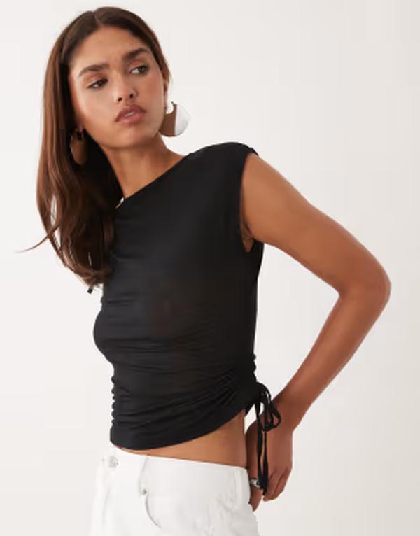 エイソス レディース トップス Tシャツ シアー ASOS DESIGN short sleeve sheer top with ruching Black ブラック｜ReVida 店 8,745円