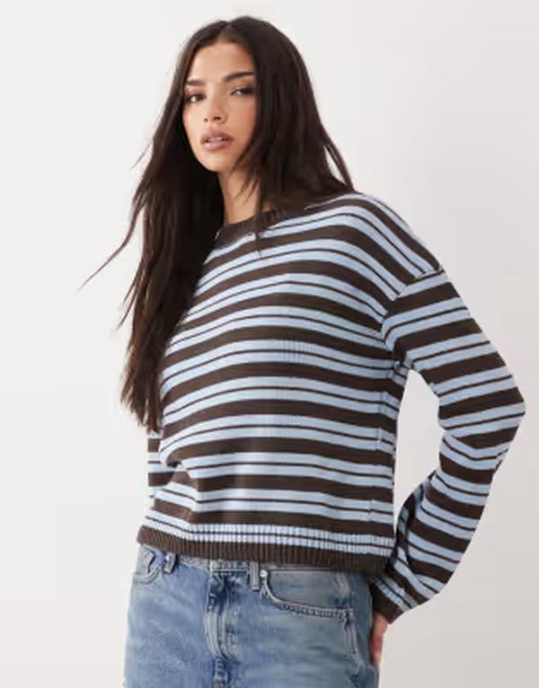 エイソス レディース アウター 編み物・プルオーバー ASOS DESIGN knit sweater and brown stripes blue 青色 ニット・セーター-トップス