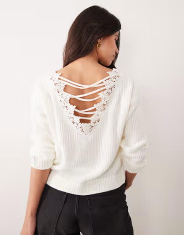 ミスセルフフリッジ レディース アウター ニット・セーター レース Misselfridge lattice backnit sweater with lace in cream クリーム