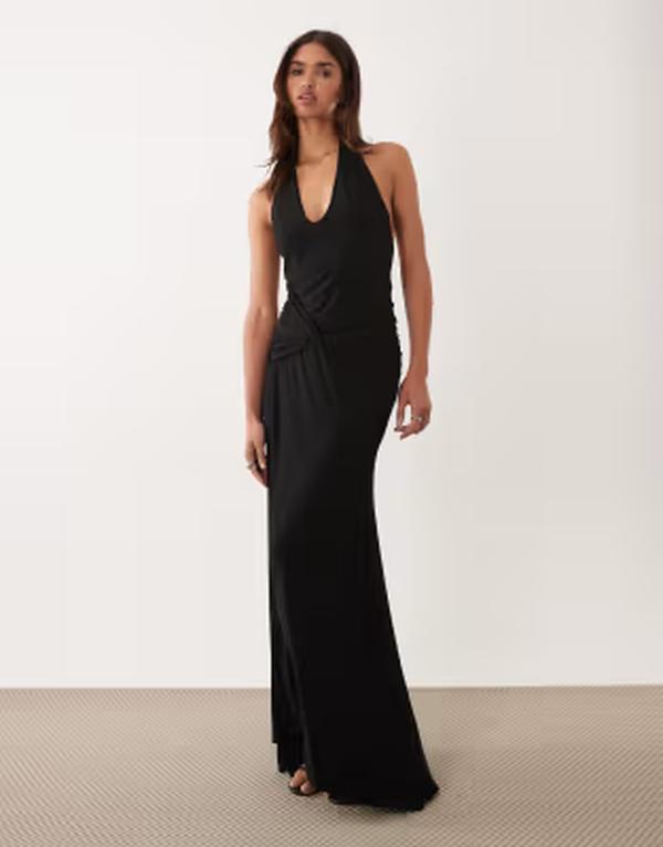 エイソス レディース トップス ワンピース ギャザー マキシ ホルター ASOS DESIGN deeplunge halter neck maxi dress with ruched hips Black ブラック｜ReVida 店