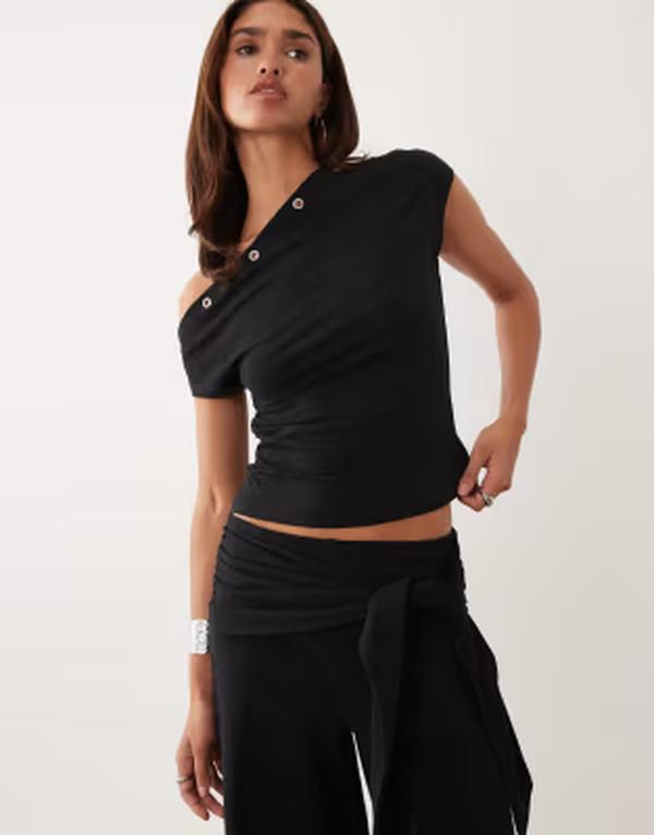 エイソス レディース トップス プルオーバー ASOS DESIGN polyamide grommet detailing off the shoulder top - part of a set Black 黒いこと