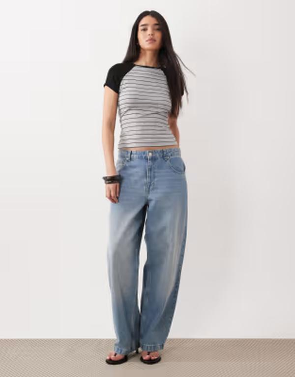 エイソス レディース トップス プルオーバー ASOS DESIGN fitted raglan top stripe with Gray Stripe 薄墨色